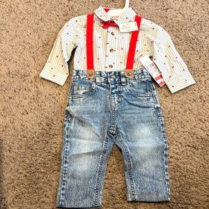 Cat & Jack Blue Striped Shirt with Red Hearts and Denim Jeans